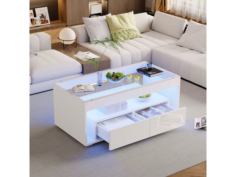  Table basse rectangulaire blanc avec 2 tiroirs - 50x100 cm led panneau de particules table basse blanc - Conforama E