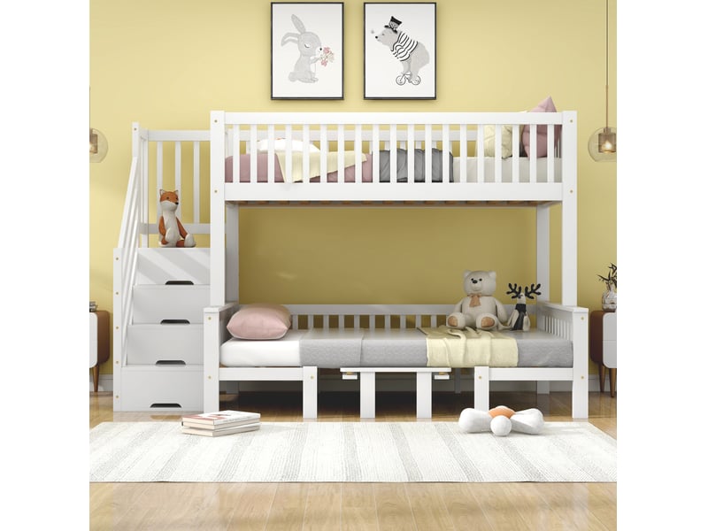  Lit superposé enfant 90x200 et 120x200 cm – blanc – table rabattable, escalier de rangement et garde-corps  - Conforama B