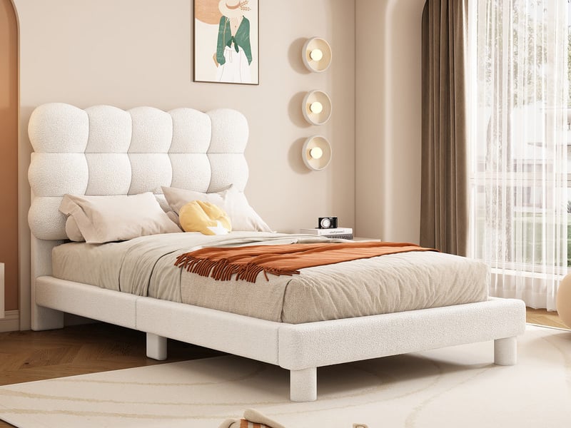 Lit simple rembourré 90x200cm - tête de lit réglable - peluche+mdf - blanc  - Conforama B