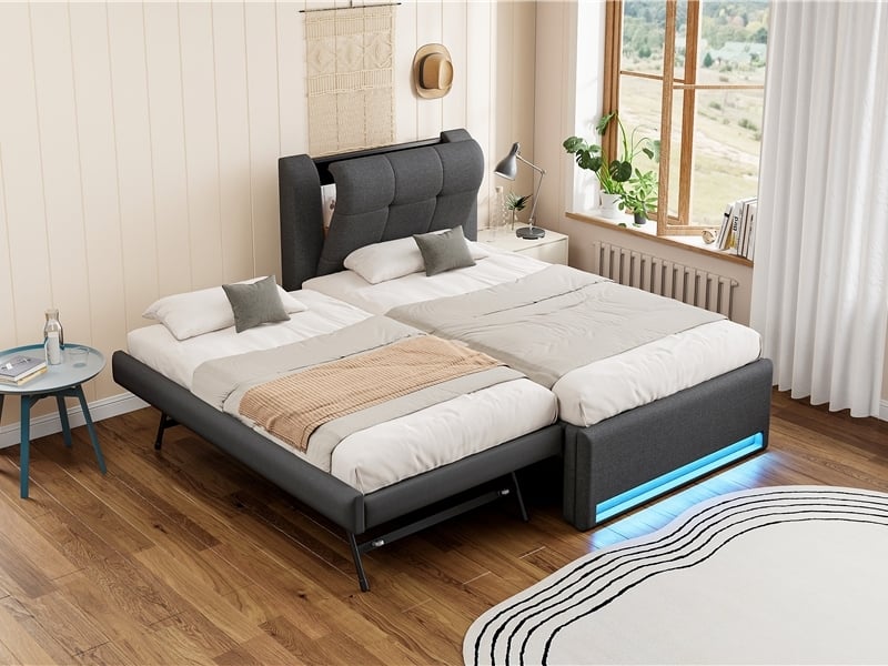 Lit rembourré 90x200cm avec lit gigogne (plat ou surélevé), éclairage led, gris - Conforama B
