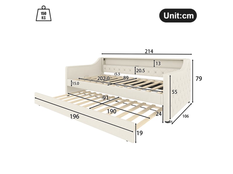  Lit de jour 90x200 cm lit banquette en lin beige avec lit gigogne extensible led et usb  - Conforama C