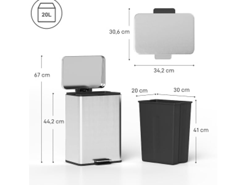 Poubelle à pédale 20 l 34,2 x 30,6 x 44,2 cm argent en acier inoxydable, couvercle à fermeture douce - Conforama C