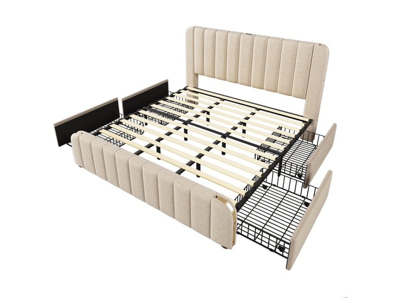 Lit 180x200 cm en lin avec 4 tiroirs, usb type-c et matelas beige chicfurn - Conforama A