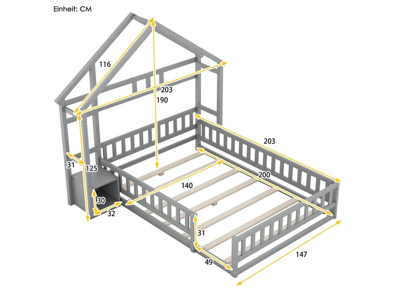  Lit cabane enfant 140x200, lit au sol avec barrière, lit gris avec table de chevet en bois massif pour chambre d'enfant.  - Conforama C