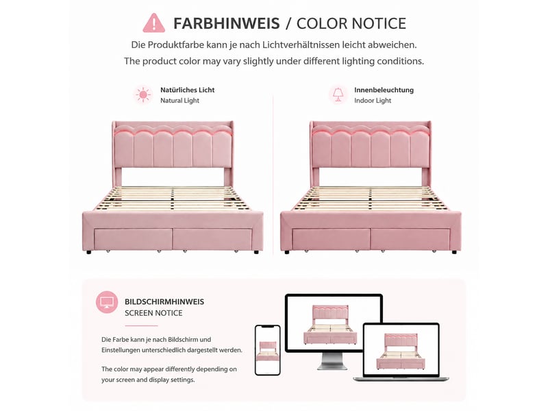  Lit enfant 140x200 cm rose, velours, tête de lit ondulée avec rangement, 2 tiroirs au pied, led par appli, charge 220 kg  - Conforama E