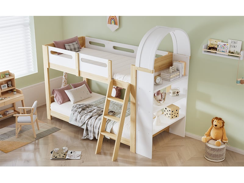  Lit superposé enfant 90 x 200 cm avec étagère à trois niveaux et escalier, garde-corps et sommier à lattes inclus, bois, blanc Morn Vibe - Conforama C