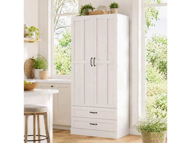 Colonne de cuisine avec 2 portes, 3 étagères coulissantes et 2 tiroirs, en mdf blanc, 80 × 37,5 × 180 cm  - Conforama D