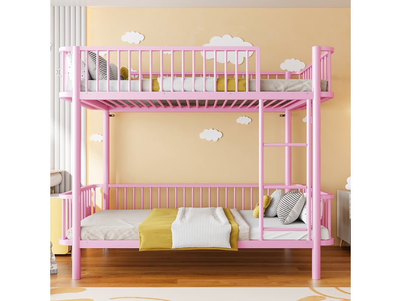 Lit superposé enfant 90x200 cm rose métal, barrières de sécurité et échelle pour chambre partagée  - Conforama B