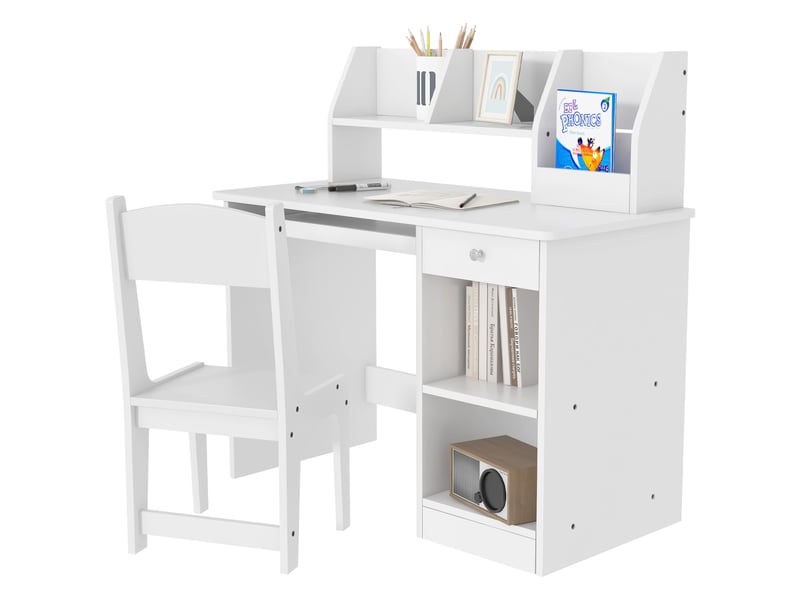 Bureau enfant avec chaise blanc 90 x 45 x 90 cm, rangements et tablette coulissante - Conforama B
