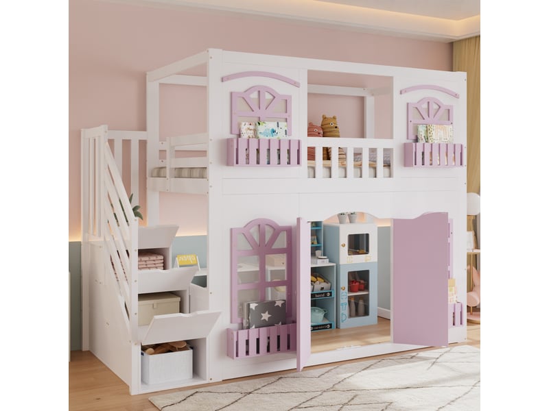  Lit superposé enfant 90x200 cm - avec portes et fenêtres - escalier avec rangements - rayonnage de stockage - bois massif + mdf - blanc + rose (sans matelas)  - Conforama E