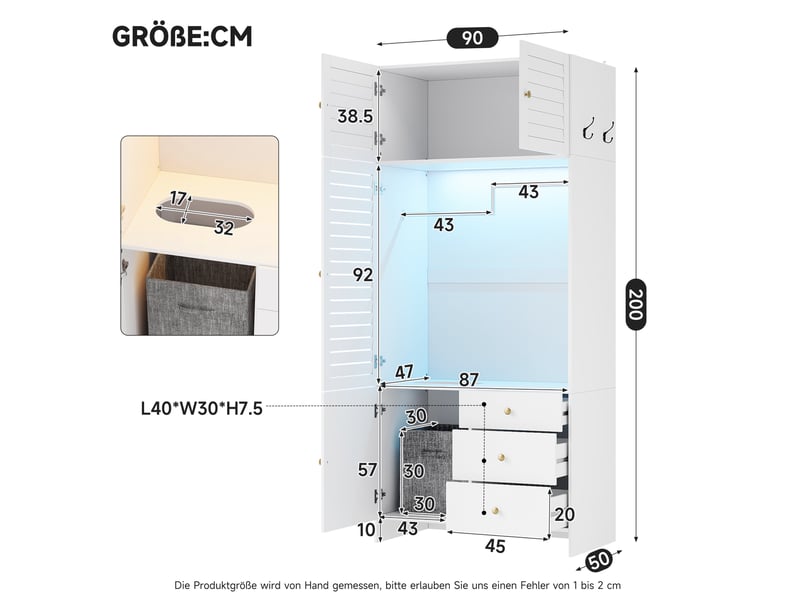  Armoire 90x50x200 cm blanche avec led, panier à linge et 3 tiroirs  - Conforama C