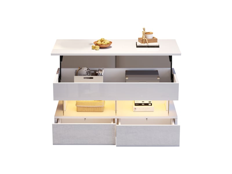  Table basse relevable blanche 100x50x46 cm avec rangement caché et 2 tiroirs, éclairage led bluetooth  - Conforama A