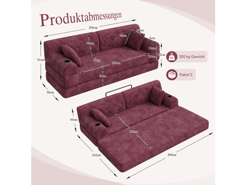 Canapé-lit 3 places en velours côtelé bordeaux avec poches et porte-gobelets - Conforama C