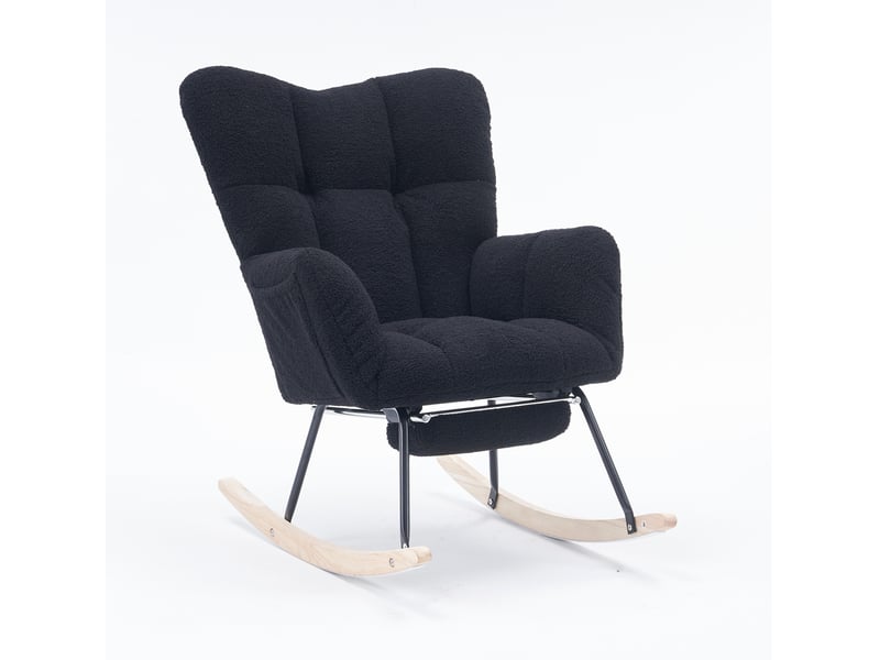  Fauteuil à bascule confortable, revêtement teddy, noir, relax, modèle à oreilles avec repose-pieds et porte de rangement  - Conforama A