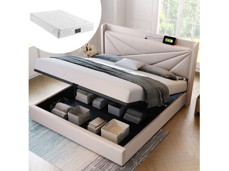  Modenvie lit coffre 160x200 cm - rangement intégré, ports usb et usb-c, matelas inclus - beige  - Conforama B