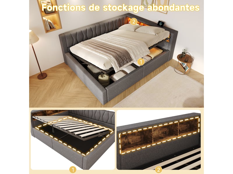  Lit banquette coffre 140x200 cm - avec de rangement hydraulique, éclairage led dimmable, tête de lit étagère et prises usb, gris evarich - Conforama D