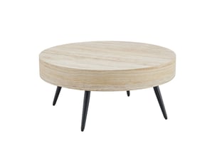 Table basse ronde avec pieds réglables - plateau mdf effet travertin, métal noir - noir et bois clair 70 cm