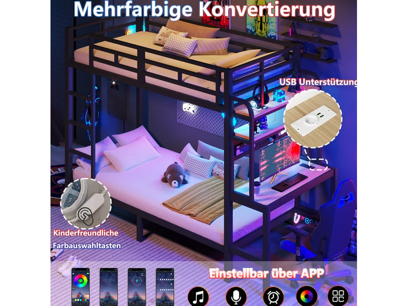  Lit superposé enfant 90x200 cm avec bureau, led et usb noir  - Conforama E