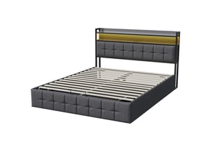 Lit coffre 2 places 160x200 cm, lit adulte avec rangement, led, port usb, tissu en fond, lin gris