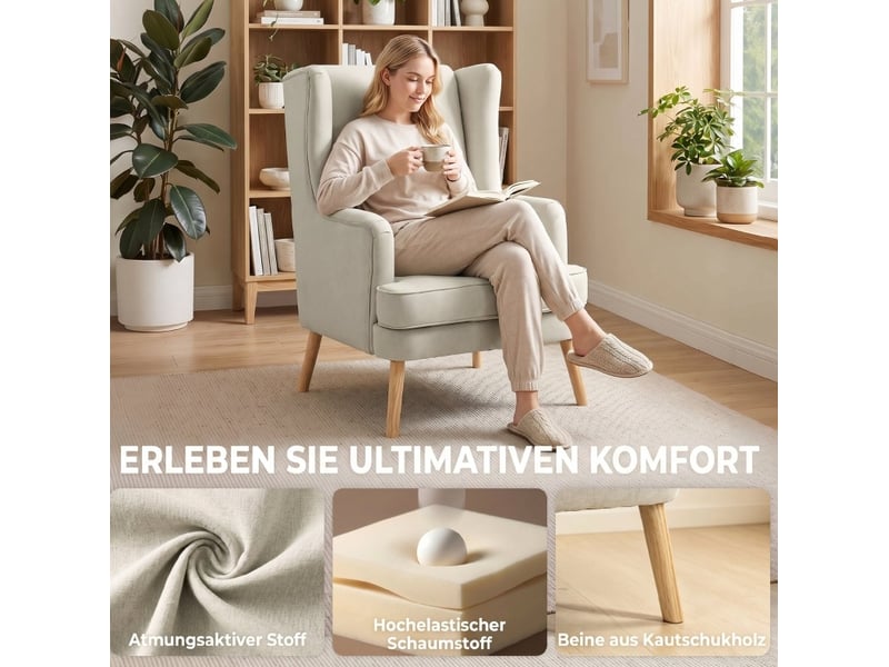  Fauteuil à oreilles avec haut dossier, assise large et coussin lombaire en tissu aspect lin et bois beige  - Conforama D