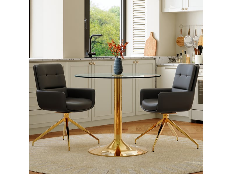  Ensemble table et chaises 2 places, table ronde en verre trempé transparent et métal doré, 2 fauteuils noirs pivotants  - Conforama E