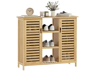 Armoire de rangement en bambou à lattes, 2 portes, étagères et compartiments ouverts, 100 x 33 x 86 cm, naturel