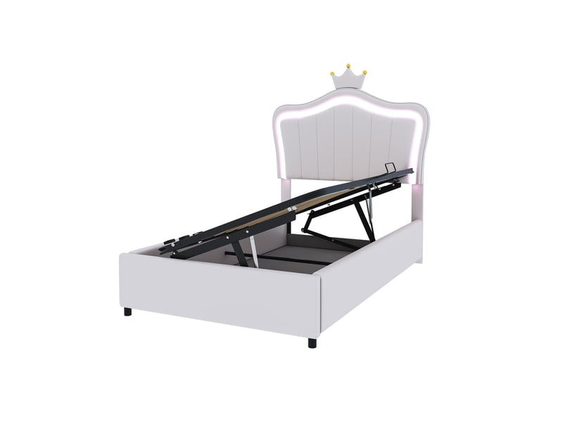 Lit enfant 90x200 cm en similicuir blanc, couronne, led, tête de lit réglable et coffre hydraulique - Conforama D