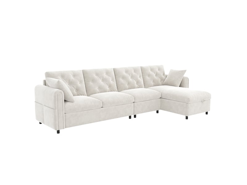 Canapé d’angle convertible réversible 4 places 281x132x86 cm, rangement latéral, polyester et tissu flanelle, beige - Conforama A