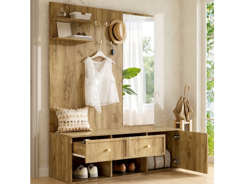  Meuble d'entrée avec miroir, 5 crochets, 2 tiroirs, porte et niches pour hall, décor bois, 120 × 35 × 159 cm  - Conforama D
