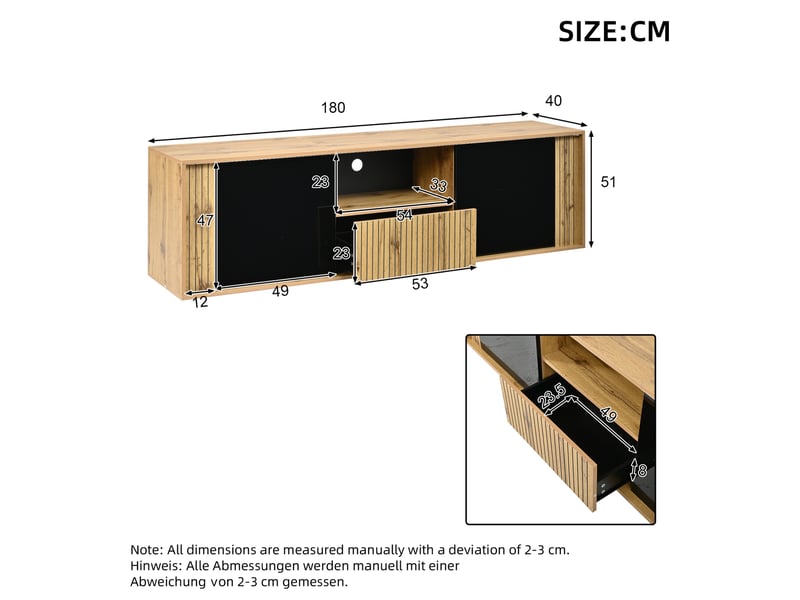 Meuble tv 180 cm noir et bois clair avec led bluetooth, 2 portes, tiroir et rangement pour écran 75 pouces - Conforama C