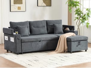 Canapé d'angle droit convertible LEYTN 3 places Coton / Lin gris avec coffre de rangement