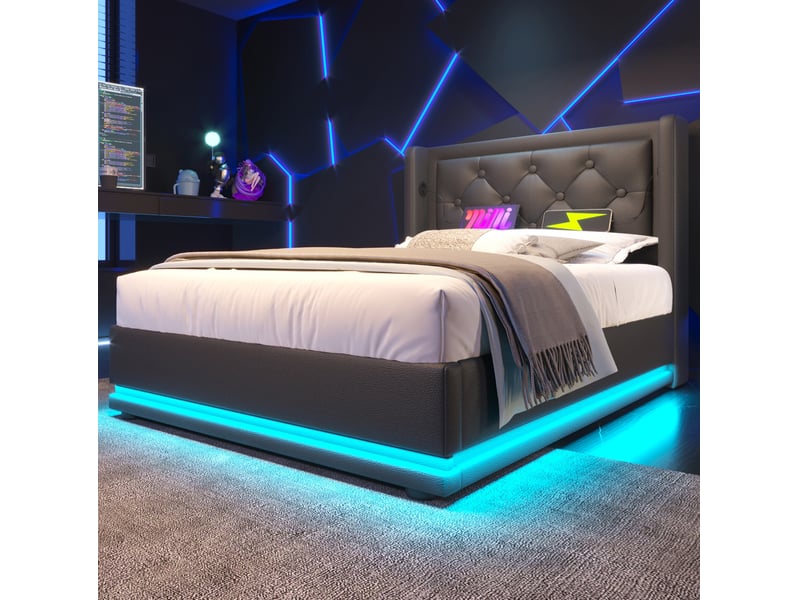  Modenvie lit coffre 90x200 cm - rangement hydraulique, led 3 côtés, avec matelas - noir  - Conforama B