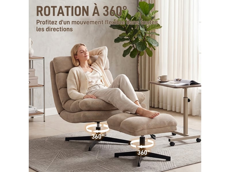  Fauteuil de salon avec repose-pied réglable, rotation 360°, assise large, fauteuil d'appoint capitonné en lin, marron  - Conforama E