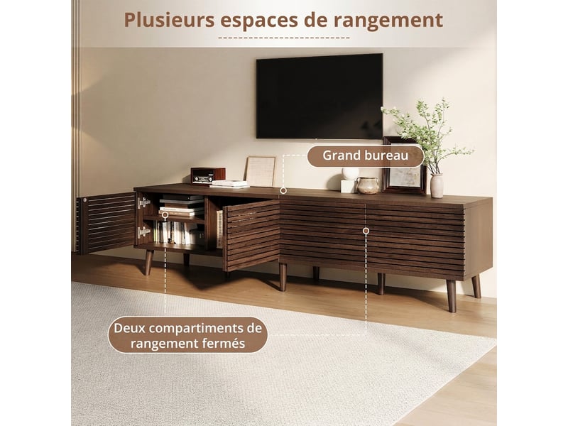 Meuble tv 180 cm pour tv 75 pouces - 4 portes à lattes couleur noyer avec passe-câbles  - Conforama R
