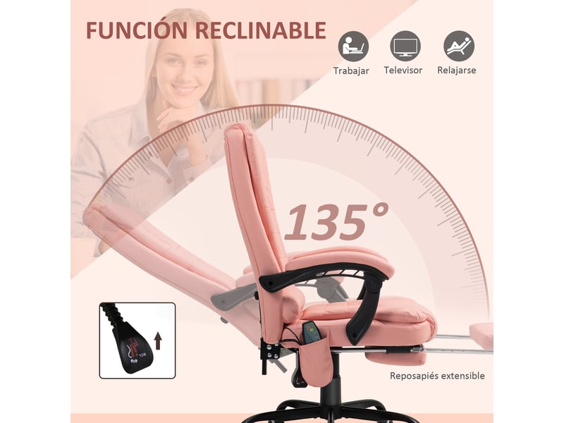 Chaise de bureau massante à 7 points, simili cuir rose, repose-pieds rétractable - Conforama R