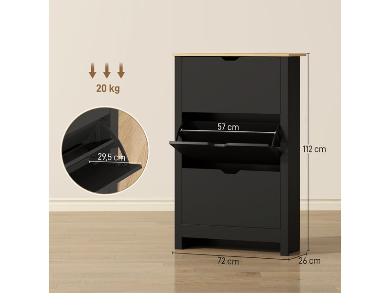  Armoire à chaussures 3 portes abattantes 2 compartiments panneaux particules noir chêne  - Conforama D