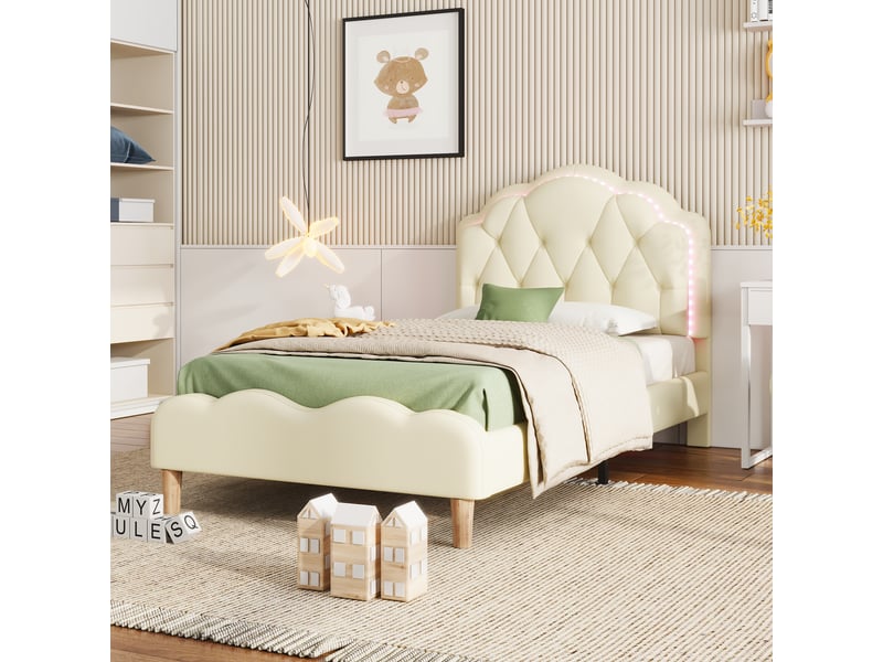  Lit enfant 90 × 200 cm 1 place avec led multicolore et tête de lit ondulée, sans matelas, en pu beige  - Conforama B