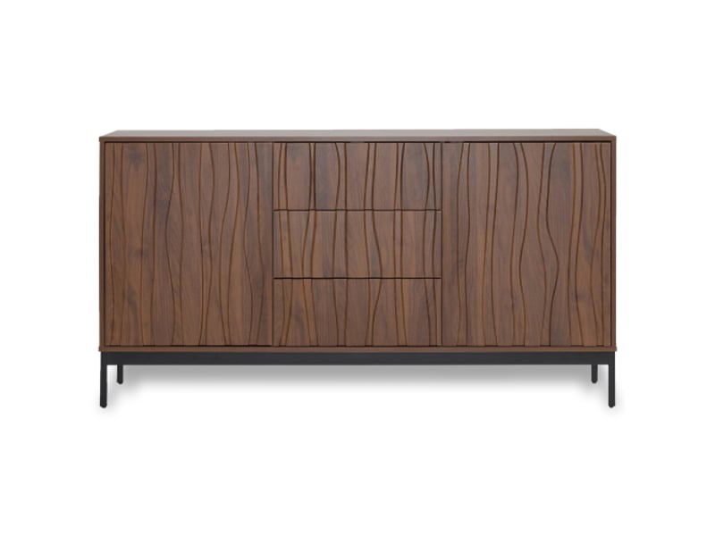 Buffet chêne foncé 150 cm – 3 tiroirs, portes rainurées, étagères réglables, pieds en métal – design contemporain - Conforama A