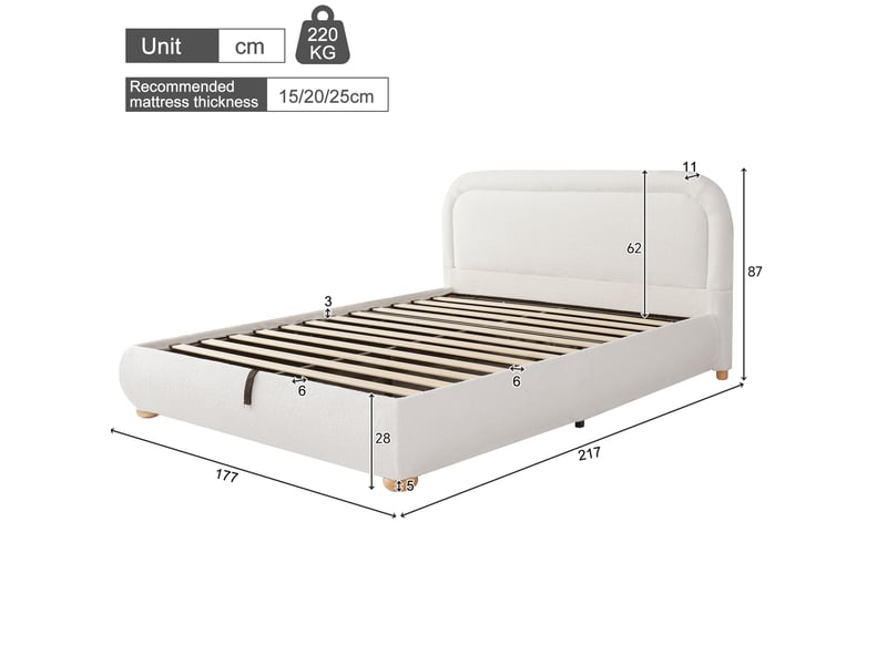  Lit coffre double 160 x 200 cm blanc en bouclette avec sommier à lattes et tête de lit  - Conforama E