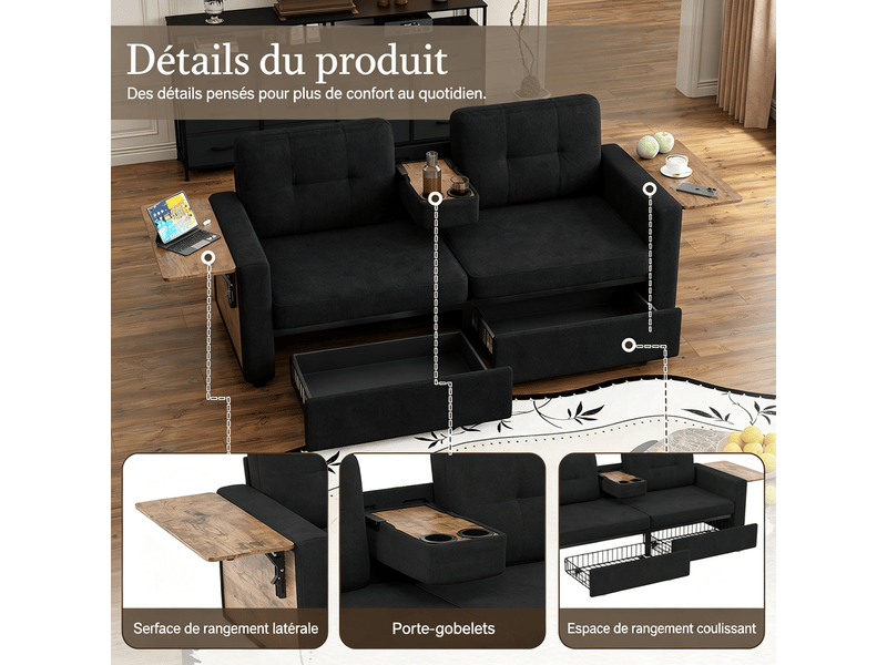  Canapé droit, 2 places, avec 2 compartiments de rangement et assise réglable, porte-boissons, 178 x 71 x 57 cm, noir  - Conforama E