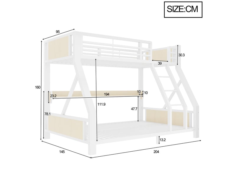 Lit superposé en métal 90x200 et 140x200 cm, avec étagère de rangement, éclairage led, blanc - Conforama C