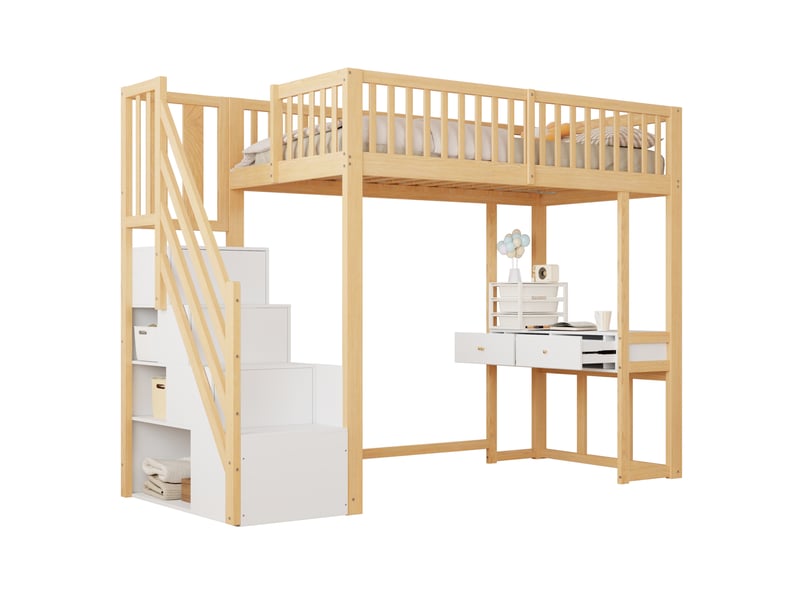  Lit mezzanine enfant 90x200 cm avec bureau, escalier de rangement, blanc et bois  - Conforama A
