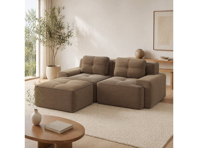  Canapé d'angle modulable 2 places en velours côtelé marron avec ottoman, assise profonde et confort nuage  - Conforama B