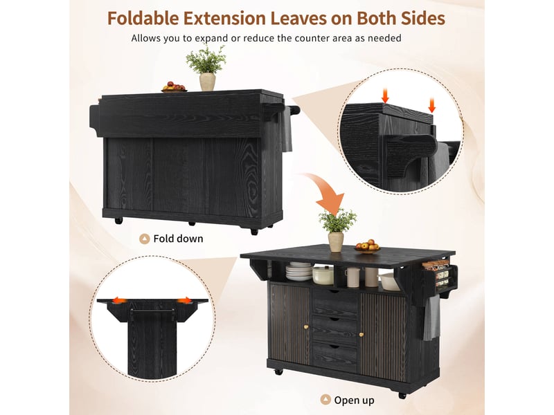  Desserte de cuisine noire, îlot de cuisine avec plateau extensible, 142x80x95cm (sans matelas).  - Conforama C