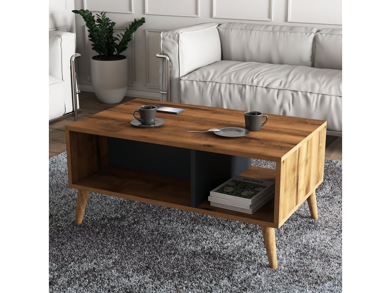 Table basse avec rangement décor noyer et anthracite l 90 cm, 2 niveaux, pieds en bois - Conforama B