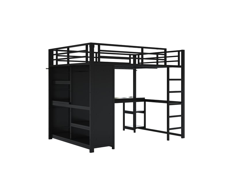  Lit mezzanine gaming 140x200 cm noir, avec bureau, led, rangements, penderie ouverte, structure métal, sommier inclus, sans matelas  - Conforama D