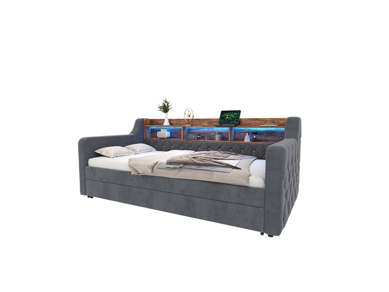  Modenvie lit gigogne 90x190 cm - avec rangement, led et port usb-c, sans matelas - gris  - Conforama A