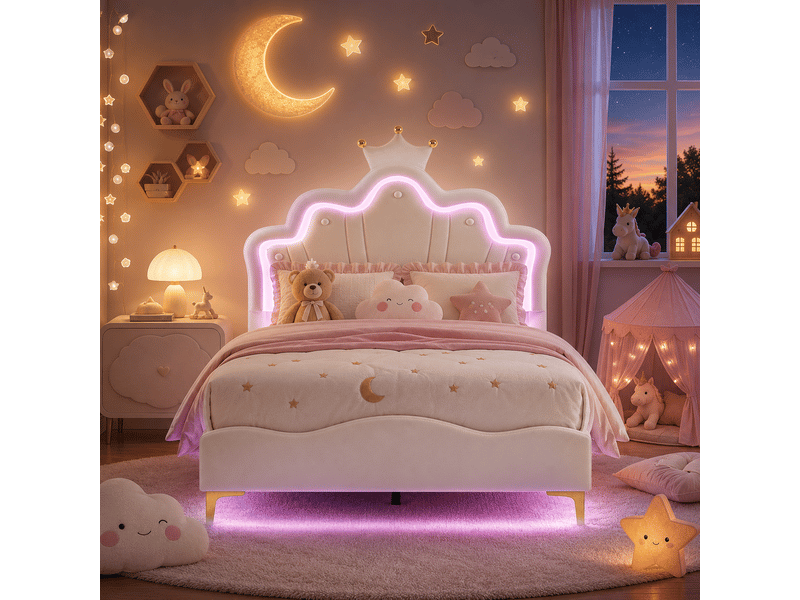  Lit fille 140x190cm avec sommier led réglables - lit simpledouble enfant avec tête de lit réglable en hauteur - sommier à lattes - lit 140x190 cm - lumineuse led - lit fille avec tête de lit réglable - lit princesse en forme cou…  - Conforama W
