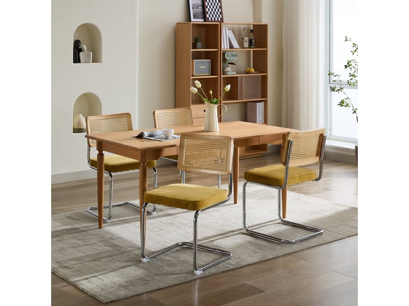  Lot de 2 chaises de salle à manger - 59x47x81cm - chaises porte-à-faux design breuer en rotin et assise velours - doré  - Conforama B
