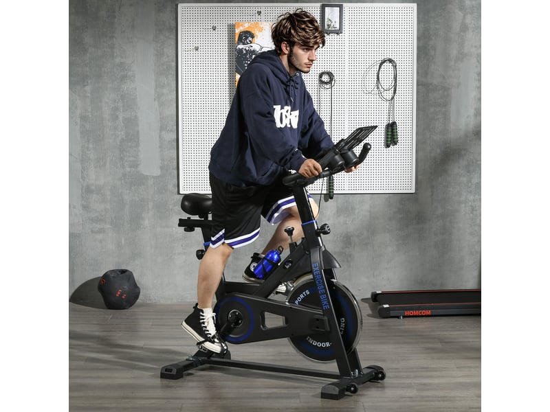 Vélo d'appartement avec résistance réglable, volant d'inertie de 8 kg, écran lcd, guidon et selle réglables, bleu - Conforama C